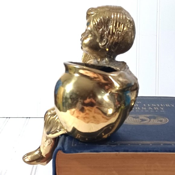 Brass Cherub Angel Putti Mid Century Shelf Sitting Sitter Planter Vase Vintage - Picture 5 of 9